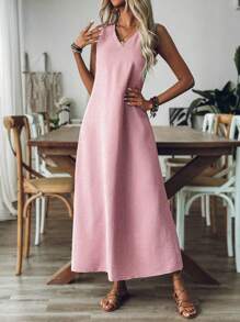 Breezaya 女士 V 领无袖纯色休闲宽松舒适连衣裙长款女装 - 粉色 - 查看 3