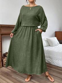 Linhara 2pcs Plus Size Set: Long Sleeve Solid Top And Skirt - Green - View 4