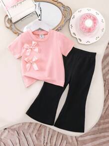 SHEIN Playful Pals 2pcs Baby Girls Casual Fashion Set - Bow Decor Top And Black Flared Pants, Leg Snug Fit Effect, Summer 2025 - Pink - View 1