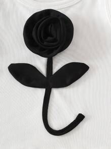 女婴无袖针织上衣，3D 花卉图案，水洗牛仔短裤，荷叶边下摆，休闲韩式夏季 - 彩色 - 查看 3