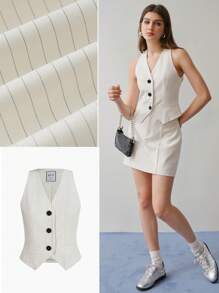 MOTF STUDIO STRIPED BUTTON UP WAISTCOAT & SKIRT,SPRING/SUMMER - Beige - View 9