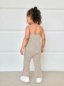 SHEIN Leap Crew Babygirl Cute Knitted Khaki Letter Print Camisole Jumpsuit Flare Pants, Spring & Summer - Khaki - View 2