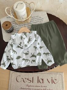 Conjunto de 2 piezas para bebé niño/niña, chaqueta ligera con capucha estampado de dinosaurio en contraste de color y pantalón liso de unicolor, adecuado para primavera, verano, otoño y viajes al aire libre