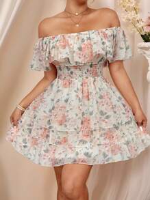 Flirla Plus Size Off Shoulder Romantic Floral Layered Cake Dress - Yellow - View 8