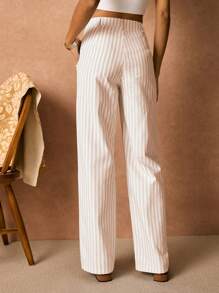 Poéselle Pantaloni dritti a vita alta a righe di tipo "H", di moda minimalista, adatti per l'estate da donna - Cachi - Visualizzare 4