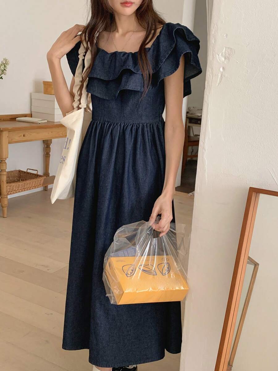 DAZY New Spring Style Vintage Distressed Women Denim Dress, Summer,Ruffle - Blue - View 1