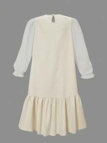 SHEIN Explorewe Tween Girls 优雅花卉中式领 A 字形网眼长袖连衣裙，适合日常通勤、度假、家庭聚会、春夏季 - 杏色 - 查看 2