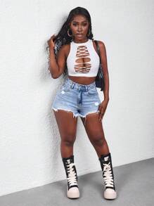 SHEIN Slayr Women's Front Button Pocket Ripped Minimalist Casual Denim Shorts - Blue - View 5