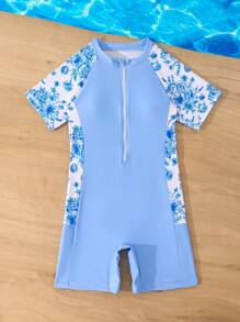 Tween Girl Floral Print Sleeveless One-Piece Swimsuit - Blue and White - View 6