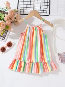 SHEIN Baby Girl Summer Korean Casual Cute Multi-Color Stripe Print Woven Dress