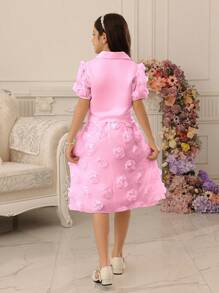 Tween Girl Pearl Button Collar Puff Sleeve Shirt And Cutwork Skirt Two Pieces Set - Pink - View 2