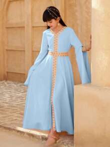 SHEIN 青少年女孩长袖开衩下摆纯色连衣裙，时尚，适合派对、聚会、节日、春夏季 - 淺藍色 - 查看 5