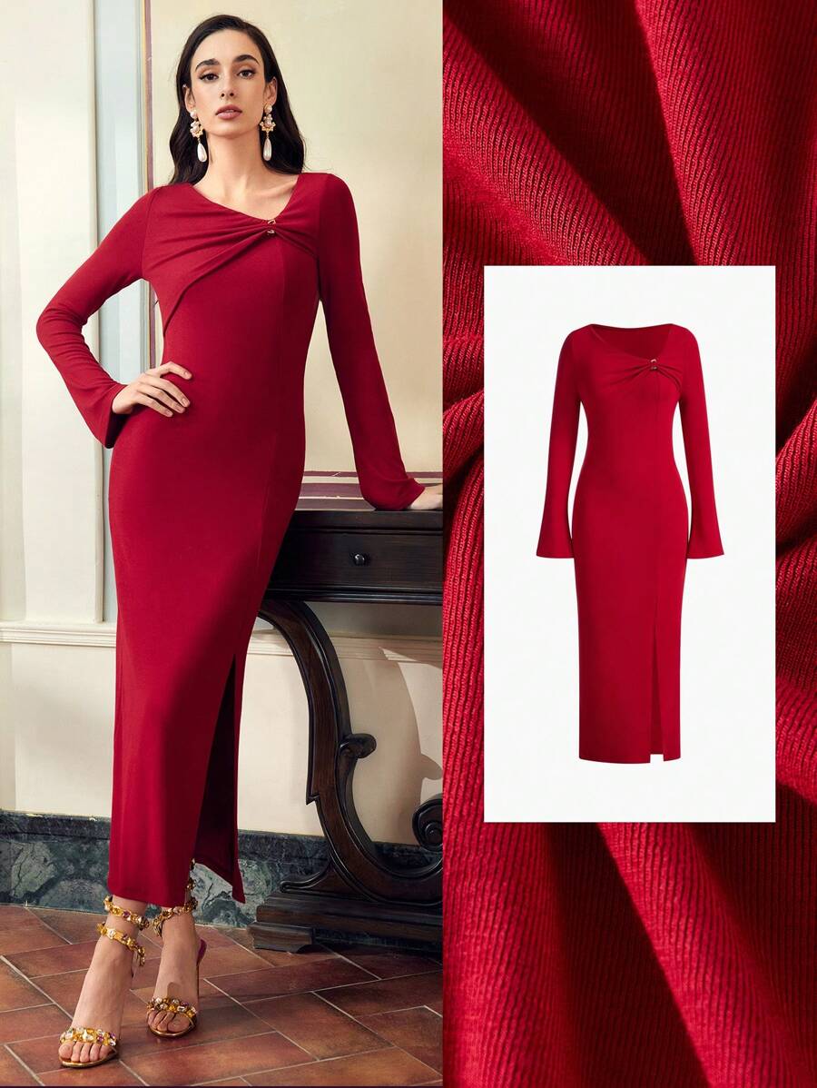 ZEYLAH Women's Asymmetric TWIST  NECK WITH Metal Button SLIT FITTED  DRESS FOR Valentine's Day OUTFIT, LONG SLEEVES , BELL SLEEVE DRESS, FOUR WAY STRETCH KNIT FABRIC - Red - View 1