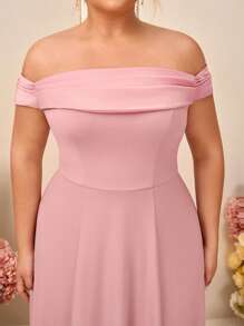 SHEIN Belle 大码优雅简约粉色露肩褶皱雪纺收腰鱼尾长款伴娘礼服 - 粉色 - 查看 2