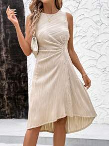 Ellevyn Robe élégante pour femmes à col rond sans manches, à motif jacquard texturé, avec ourlet asymétrique mi-long, couleur abricot, robe d'été/printemps pour les vacances