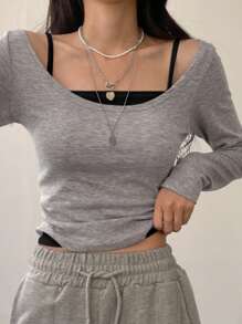 DAZY 2pcs Women Solid Color Long Sleeve T-Shirt And Spaghetti Strap Tank Top Set,Fall Clothes - Grey - View 3