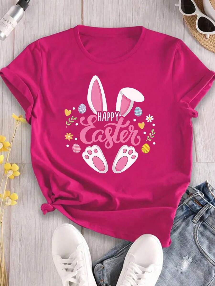 SHEIN EZwear Plus Size Women Slogan Cartoon Rabbit Print Round Neck Short Sleeve Casual T-Shirt - Hot Pink - View 1