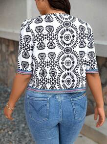 SHEIN LUNE Plus Size Women Plus Size Puff Sleeve Thin Graphic Print Jacket - Black - View 2