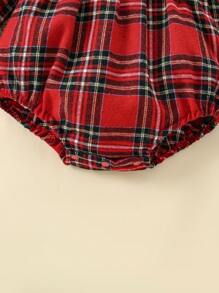 SHEIN Infant Girl Outfit: Cute Peter Pan Collar Plaid Long Sleeve Bodysuit And Bow Headband, Suitable For Christmas, Spring, Autumn, And Winter Daily Wear - Red - View 6