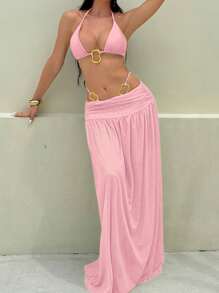 SHEIN Swim 3pcs Spring Break Shiny Solid Color Triangle Halter Sexy Elegant Vacation Bikini Set With Asymmetrical Metal Ring And Long Mesh Beach Dress Women's Swimwear - Pink - View 3