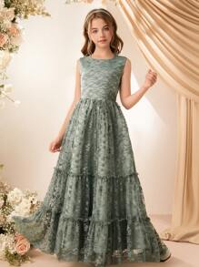 Tween Girl Princess Midiklänning i spets, Pianoframträdande högtidskläder, Cellokonsertklädsel, Födelsedagsfest Nyankomst - Grön - Visa 4