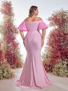 Glamrae Plus Size Light Pink Spring Elegant Formal Special Occasion Wedding Guest Dress,3D Rose Decor Puff Sleeves High Slit Off-Shoulder Evening Party Gown - Pink - View 6