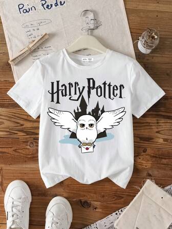 HARRY POTTER X SHEIN T-shirt à manches courtes avec imprimé lettre et hibou, décontracté pour jeune fille, été