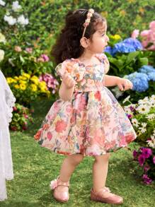可爱优雅的女婴花卉欧根纱短袖连衣裙 - 彩色 - 查看 5