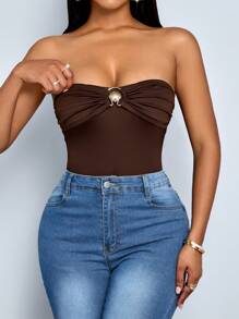 SOLERSUN Mono con escote trasero para mujer de unicolor, sencillo, apto para el uso diario, primavera-verano, romántico, de vacaciones, para festival de música, estilo Ins - Marrón - Ver 4