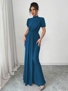 Elenzga Abito elegante e romantico da donna, con maniche lunghe, collo alla coreana, vita caratterizzata e decorato con perline