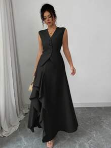 Elenzga Grey Sleeveless A-Line Elegant Minimalist 2 Pieces Set For Women - Black - View 5