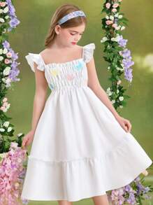 SHEIN 少女白色短袖收腰连衣裙，带彩色荷叶边下摆 - 白色 - 查看 1