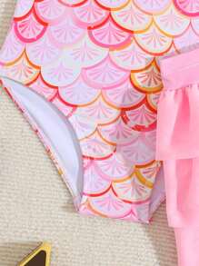 Young Girl Fish Scale Print Ruffled One-Piece Swimsuit With Cover Up Skirt, Suitable For Beach Vacation Summer Holiday - Baby Pink - View 5