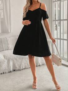 SHEIN Women's Summer Solid V-Neck Ruched Maternity Cami Dress With Shoulder Cutout In Black - Black - View 4