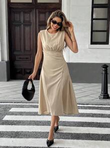 Chiquease Elegant Pleated Round Neck Cinched Waist Sleeveless Linen Dress - Apricot - View 3