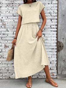 SHEIN LUNE Set de 2 piezas con blusa de manga corta murciélago y falda mini de unicolor para mujer