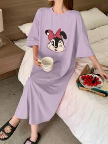 DAZY Cute Cartoon Pattern Print Loose Fit Nightgown - Mauve Purple - View 5
