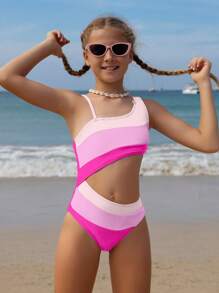 SHEIN Wildeya Mädchen asymmetrischer Ausschnitt Farbblock Badeanzug mit Hohldesign an der Taille, lila Strandoutfit