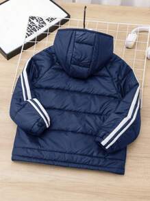 SHEIN Crianças Tween Boy Casual Listrado Fita Com Capuz Zip-Up Grosso Quente Acolchoado Casaco, Preto Inverno Acolchoado Casaco, Adequado Para Outono E Inverno