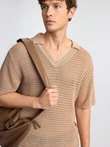 Ontre 2025 Summer Men's Solid Turndown Collar Short Sleeve Hollow Out Casual Knit Top, Business Casual Young Men Polo Sweater For Music Festival, Vacation, Daily Wear, Versatile - Khaki - View 1