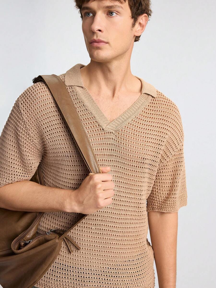 Ontre 2025 Summer Men's Solid Turndown Collar Short Sleeve Hollow Out Casual Knit Top, Business Casual Young Men Polo Sweater For Music Festival, Vacation, Daily Wear, Versatile - Khaki - View 1