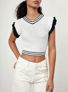 Maija Nuevo diseño de verano 2025 Blusa sin mangas de punto de diseño minimalista con empalmado blanco y negro, abertura calada, volante en el bajo, adecuada para playa, diario, fiesta informal, invitada de boda, festival de música, graduación
