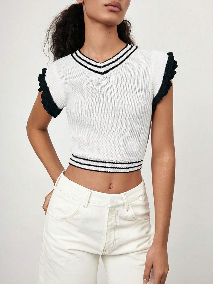 SHEIN Maija 2025 Summer New Arrival Women's Black & White Splice Hollow-Out Knit Casual/Commuting Fashion Minimalist Design Layered Ruffle Hem Sleeveless Top, Suitable For Beach, Daily, Casual Party, Wedding Guest, Music Festival, Graduation