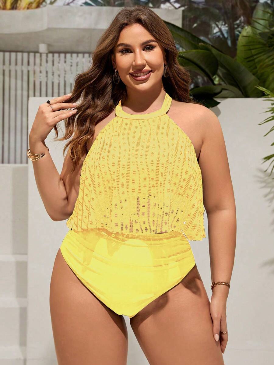 SHEIN Swim Curve Set de tankini de playa talla grande para mujer, 2 piezas con cuello de lazo, volantes de encaje y control de abdomen