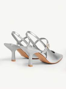 CUCCOO CHICEST Summer New Pearl & Rhinestone Pointed Toe Stiletto High Heel Retro Classic Elegant Metallic PU Leather Slip-On Pumps, Suitable For Commuting, Dating, Afternoon Tea And Party Occasions