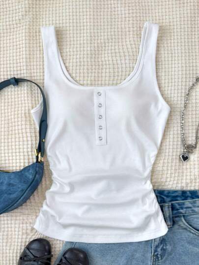 SHEIN Teenager Mädchen Grundlegende Punkt Rippen Strick weiß Tank Top mit Metalltasten, lässiges Allround-Trägerhemd mit tiefen U-Ausschnitt und Rückenausschnitt