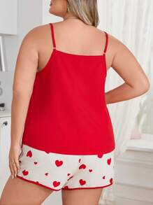 Conjunto de pijama de talla grande con camiseta de tirantes de unicolor y pantalones cortos con estampado de corazones