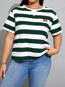 SHEIN Essnce Plus Size Women's Summer Casual Sports Striped Loose T-Shirt, Summer Tops, Cute Summer Tops,Back To School,Black And White T-Shirt