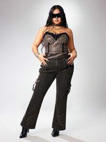 ROMWE Grunge Punk Atuendos para conciertos de primavera, jeans acampanados vintage Y2K para mujeres, pantalones de mezclilla lavada con múltiples bolsillos, talla grande - Negro - Ver 2