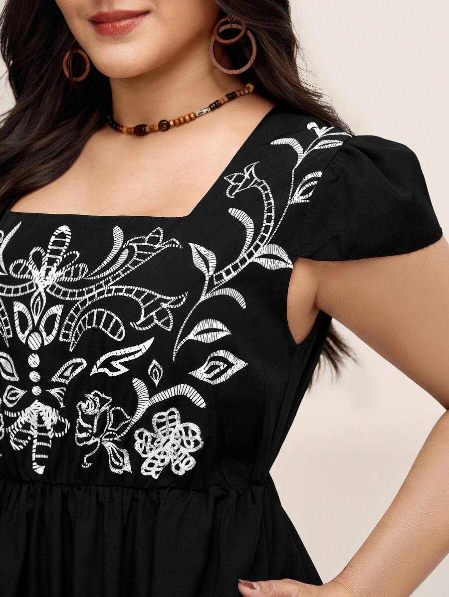 SHEIN LUNE Plus Size Women Floral Embroidery Pattern Ruffle Sleeve Elastic Waist Swing Dress Old Money Style Women Brunch Outfits For Women Airport Outfit Cowgirl Summer Outfits For Women Graduation Spring Women Summer Clothes Graduation Easter Outfit Women Spring Summer Clothes Vacation